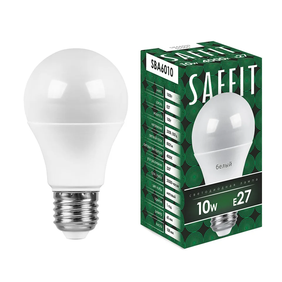Лампа светодиодная SAFFIT, 10W 230V E27 4000K A60, SBA6010