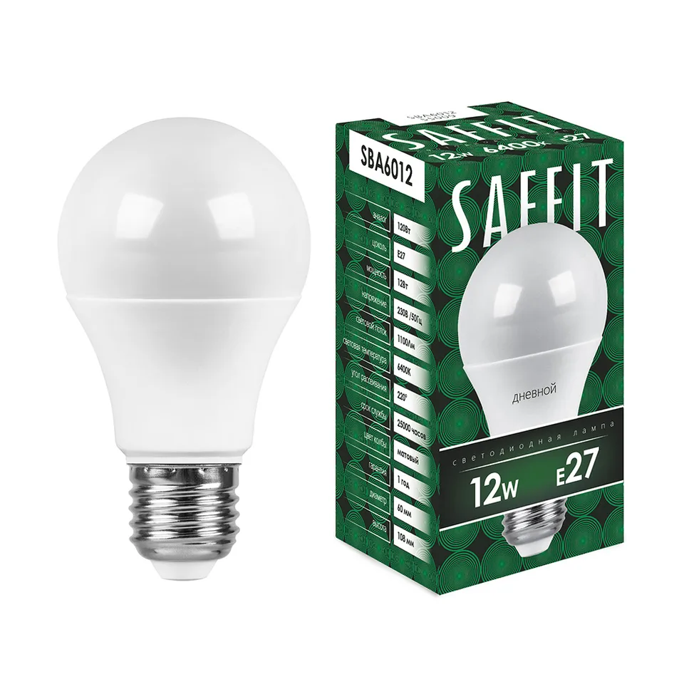 Лампа светодиодная SAFFIT, 12W 230V E27 6400K A60, SBA6012