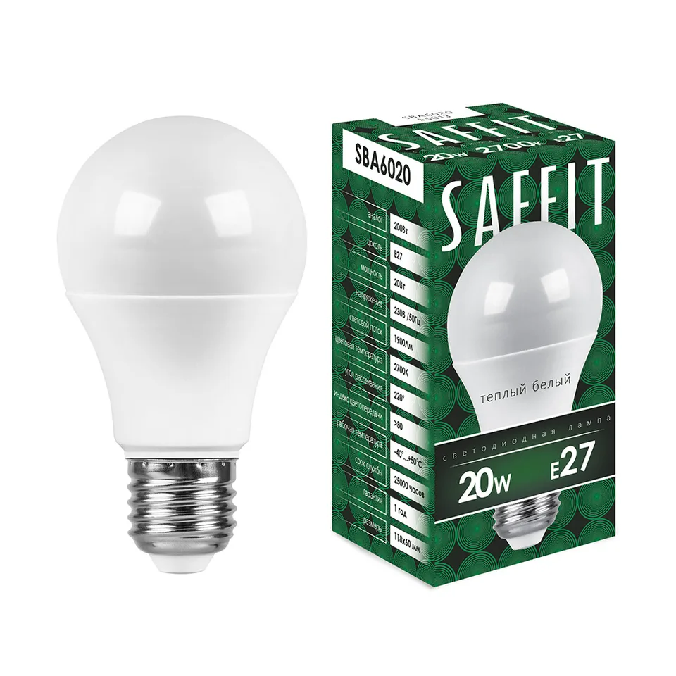 Лампа светодиодная SAFFIT, 20W 230V E27 2700K A60, SBA6020