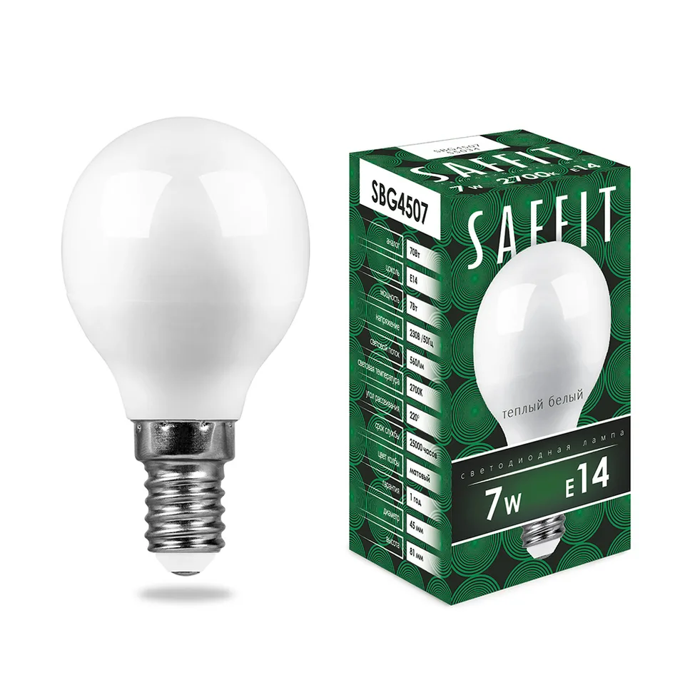 Лампа светодиодная SAFFIT, 7W 230V E14 2700K G45, SBG4507