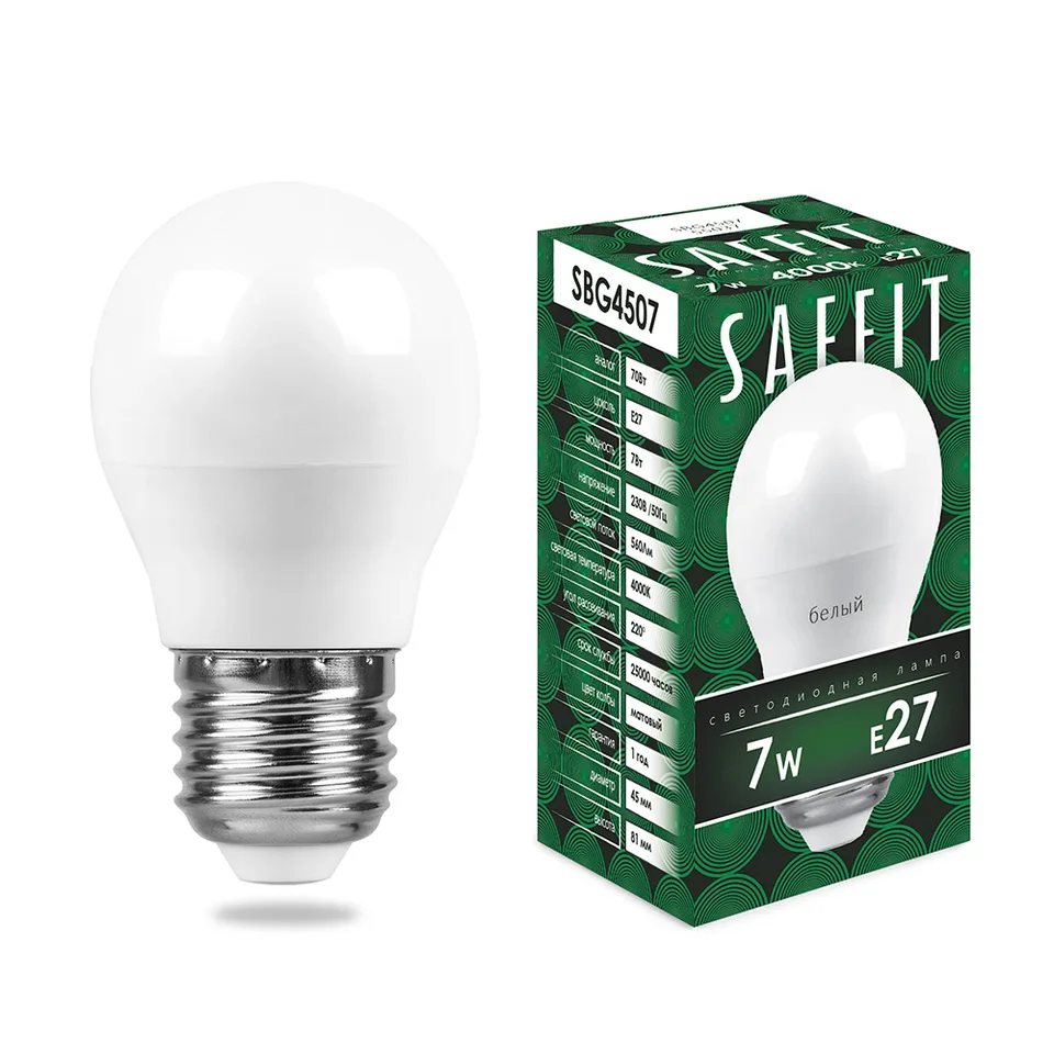 Лампа светодиодная SAFFIT, 7W 230V E27 4000K G45, SBG4507