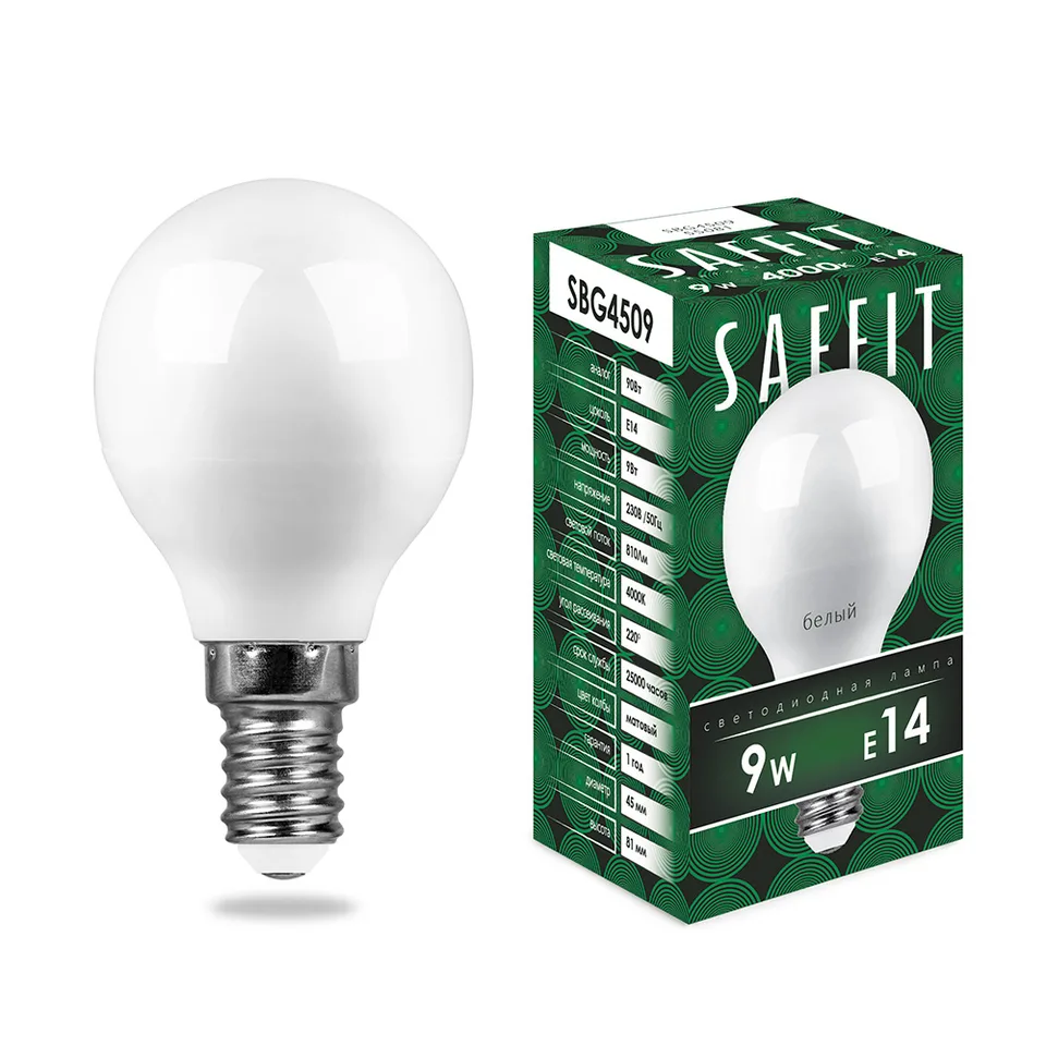 Лампа светодиодная SAFFIT, 9W 230V E14 4000K G45, SBG4509