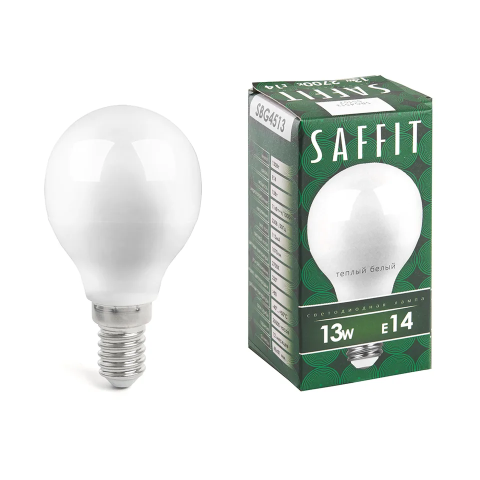 Лампа светодиодная SAFFIT, 13W 230V E14 2700K G45, SBG4513
