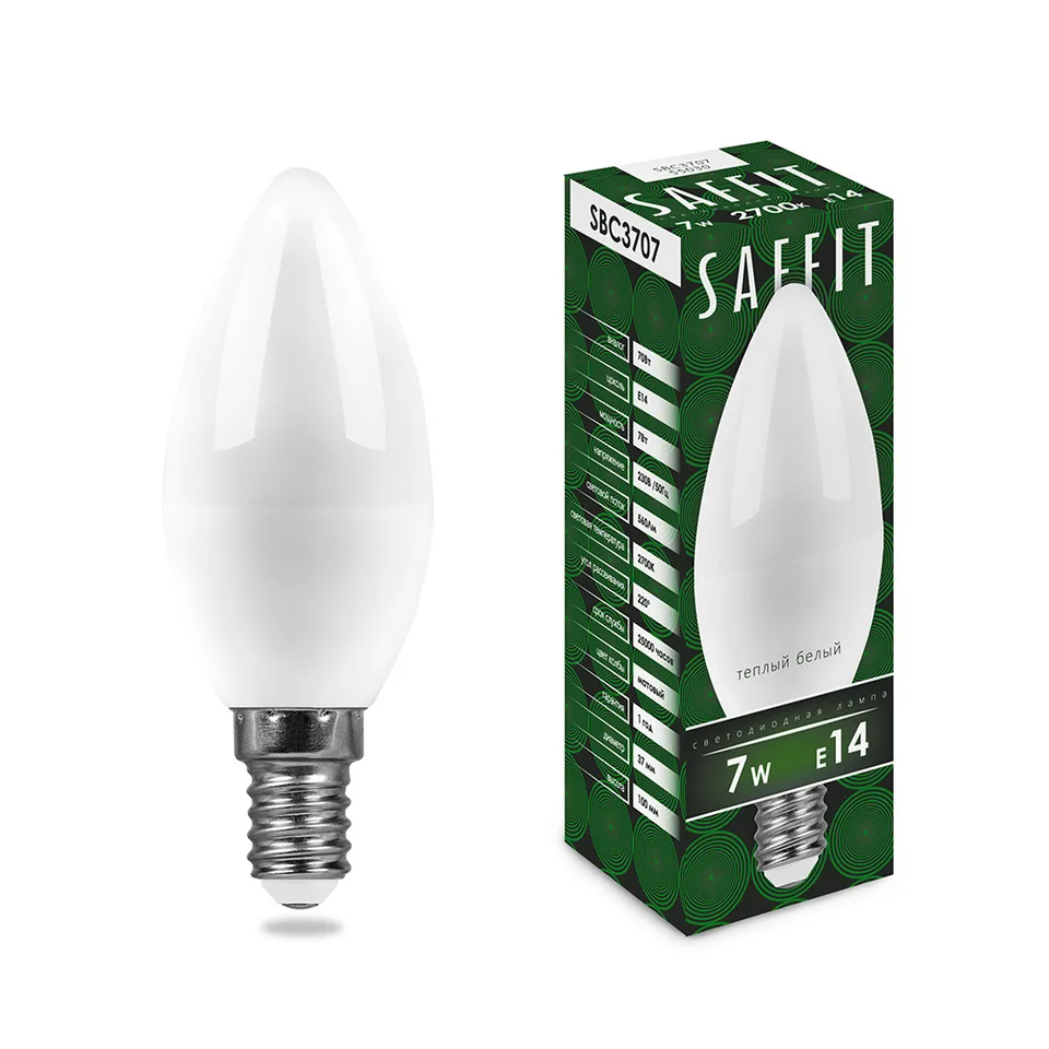 Лампа светодиодная SAFFIT, 7W 230V E14 2700K C37, SBC3707