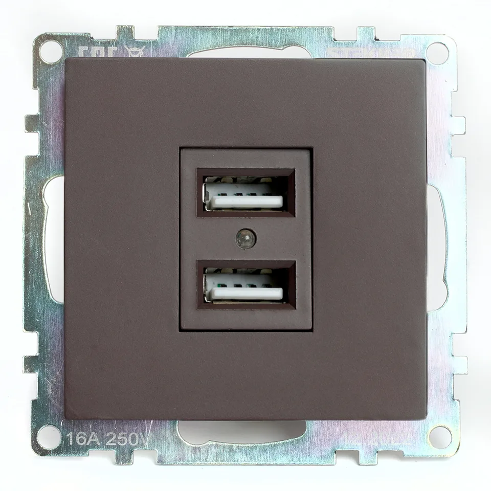 Розетка 2-местная USB (механизм), 250В, 2,1А, STEKKER серия Катрин, GLS10-7115-04, шоколад