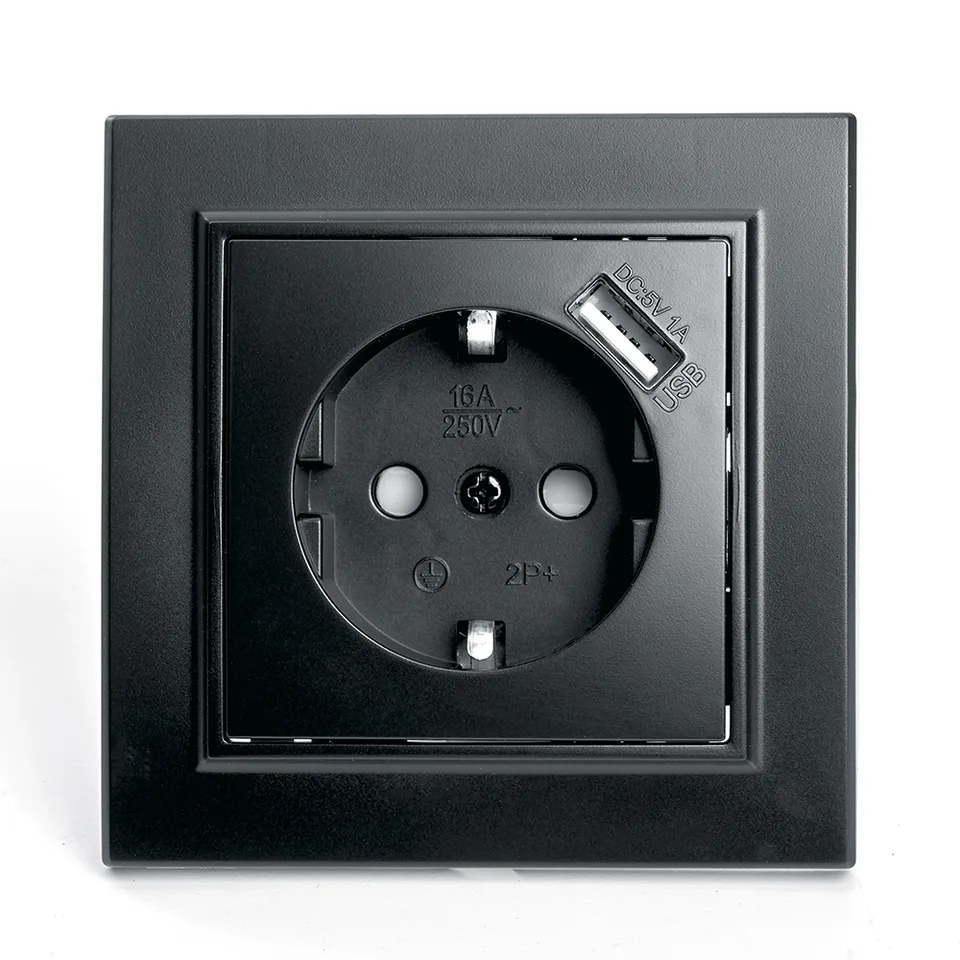 Розетка 1-местная с/з, 16А с защитной шторкой и с USB, STEKKER серия Эрна, PST16-9011-03, черный