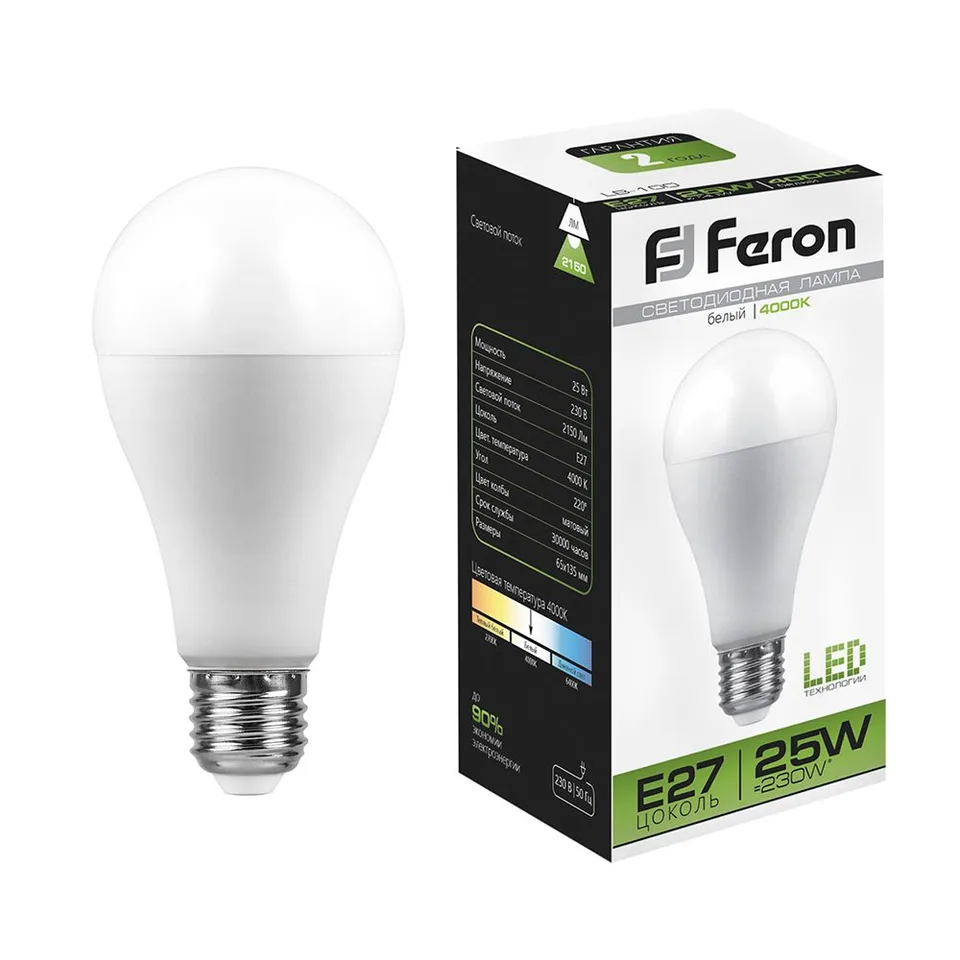 Лампа светодиодная, (25W) 230V E27 4000K A65, LB-100 Feron