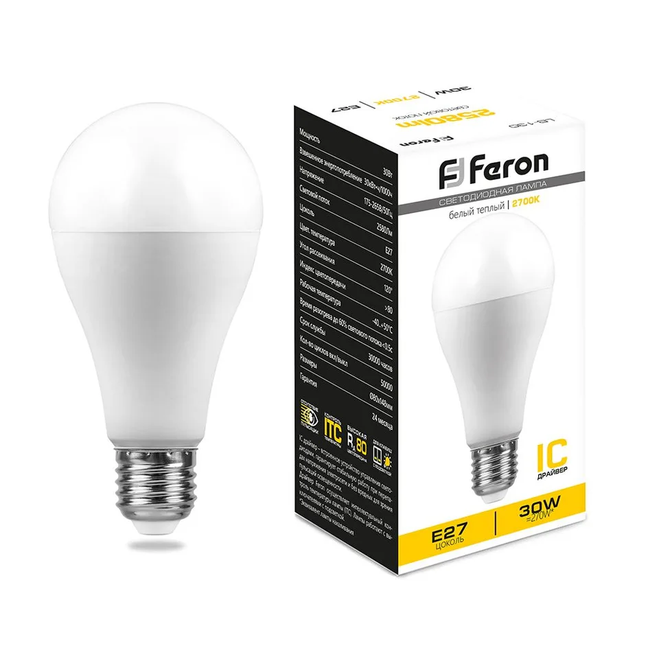 Лампа светодиодная, (30W) 230V E27 2700K A80, LB-130 Feron