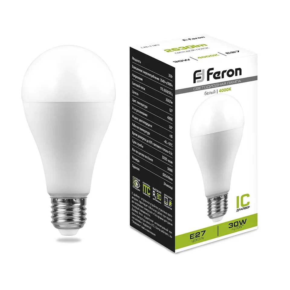 Лампа светодиодная, (30W) 230V E27 4000K A80, LB-130 Feron