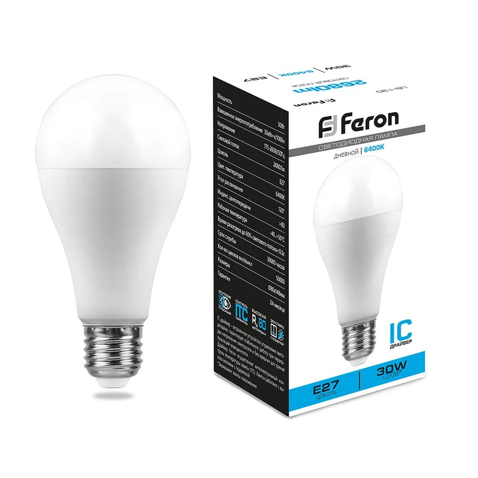 Лампа светодиодная, (30W) 230V E27 6400K A80, LB-130 Feron