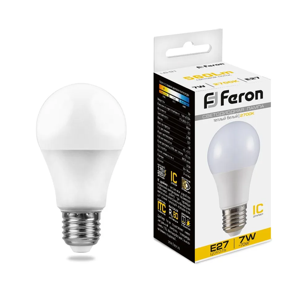 Лампа светодиодная, (7W) 230V E27 2700K A60, LB-91 Feron