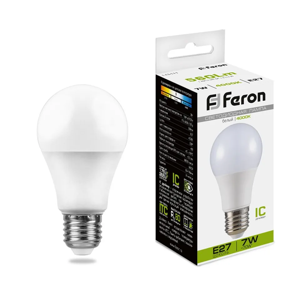 Лампа светодиодная, (7W) 230V E27 4000K A60, LB-91 Feron