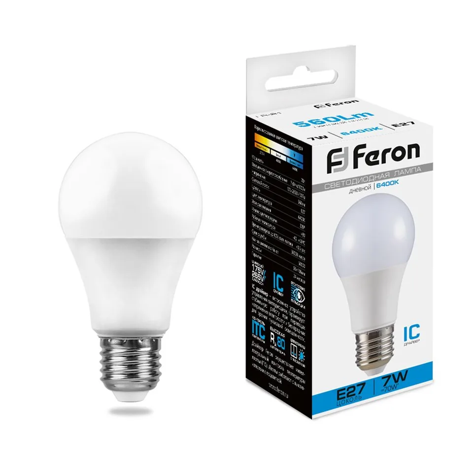 Лампа светодиодная, (7W) 230V E27 6400K A60, LB-91 Feron