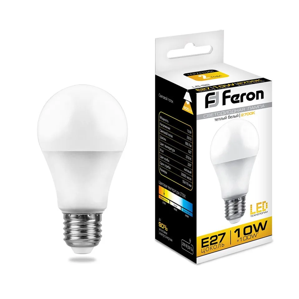 Лампа светодиодная, (10W) 230V E27 2700K A60, LB-92 Feron