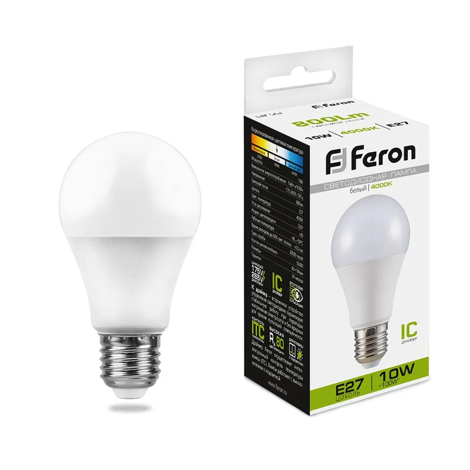 Лампа светодиодная, (10W) 230V E27 4000K A60, LB-92 Feron
