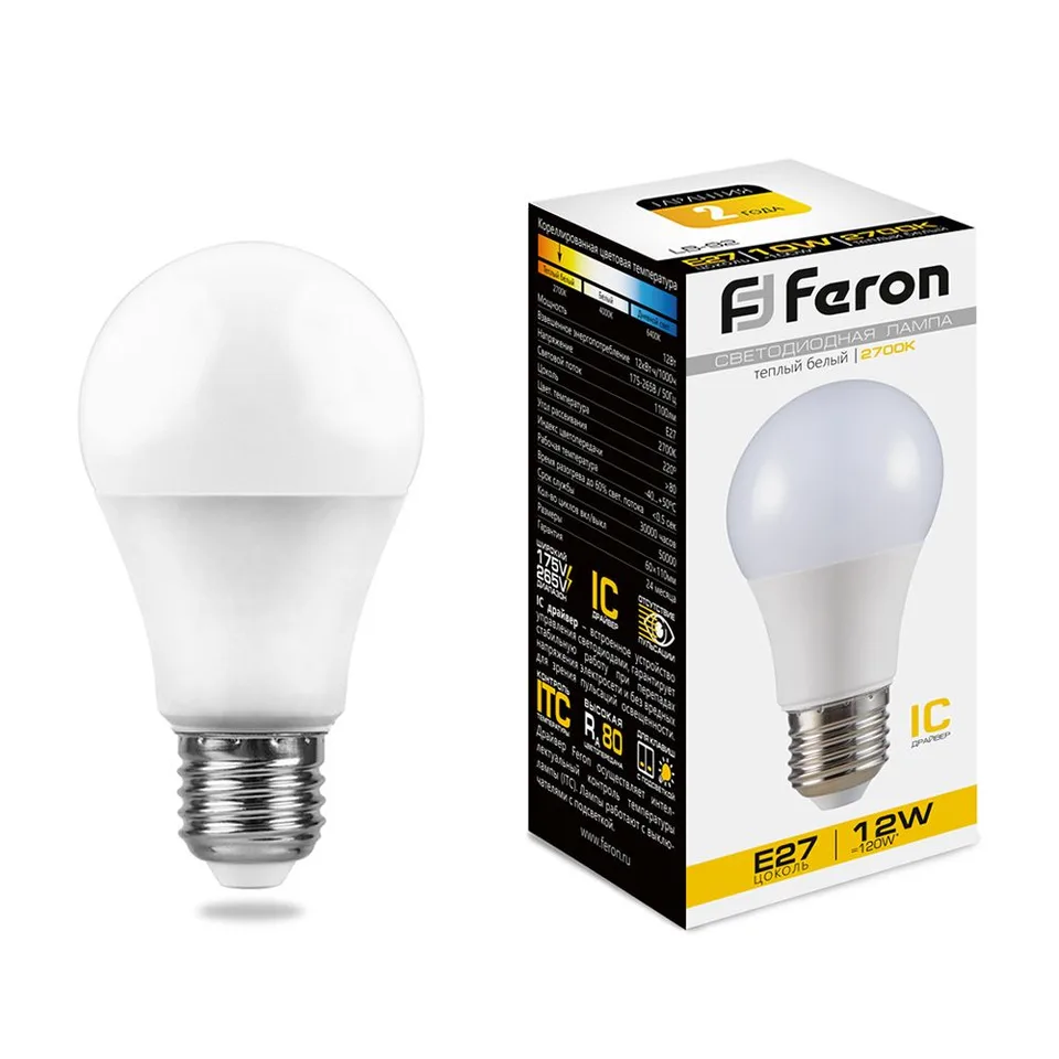 Лампа светодиодная, (12W) 230V E27 2700K A60, LB-93 Feron