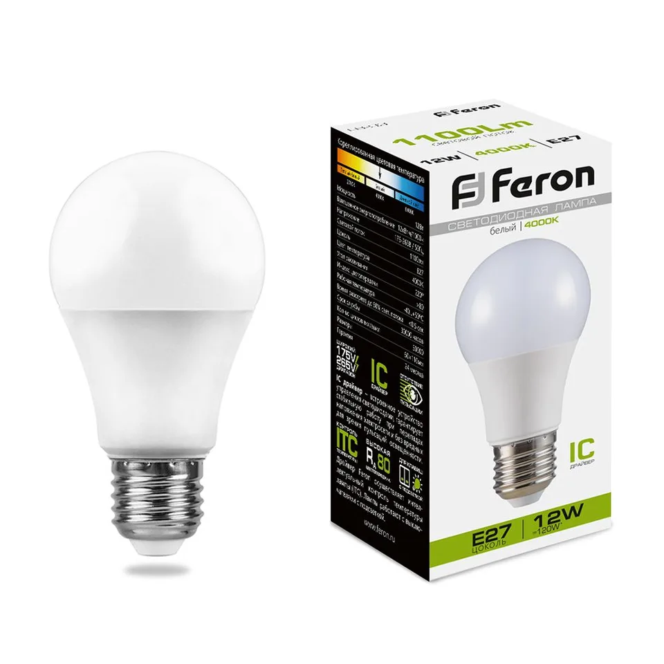 Лампа светодиодная, (12W) 230V E27 4000K A60, LB-93 Feron