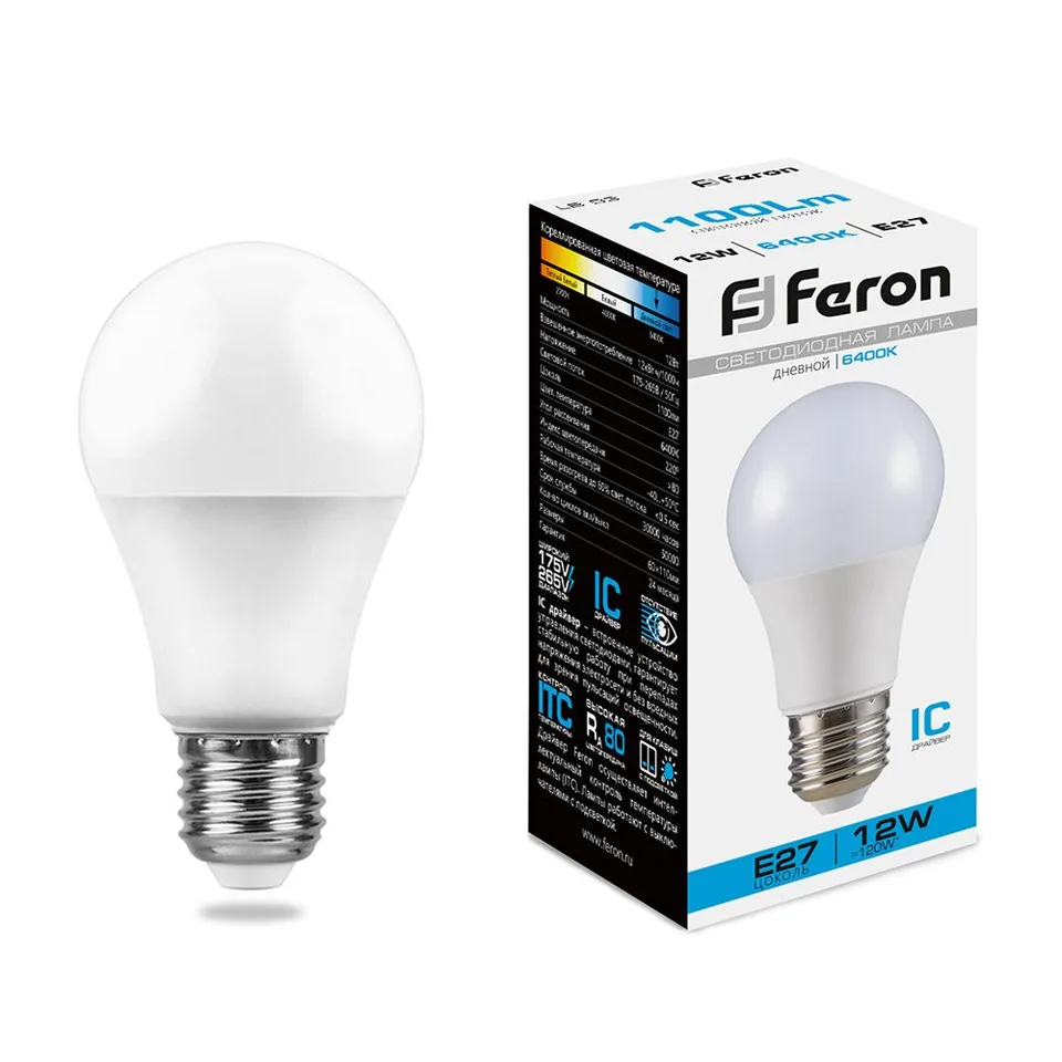 Лампа светодиодная, (12W) 230V E27 6400K A60, LB-93 Feron