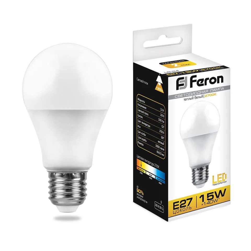 Лампа светодиодная, (15W) 230V E27 2700K A60 , LB-94 Feron