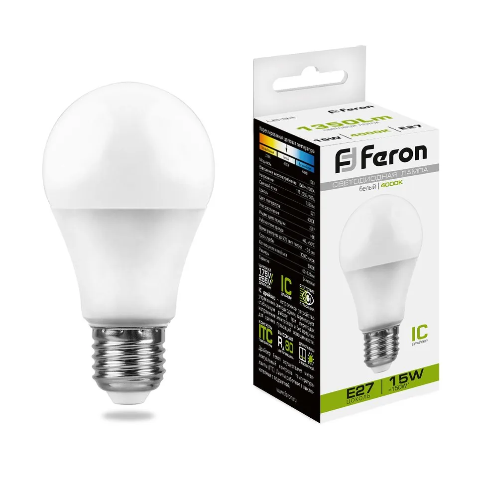 Лампа светодиодная, (15W) 230V E27 4000K A60, LB-94 Feron