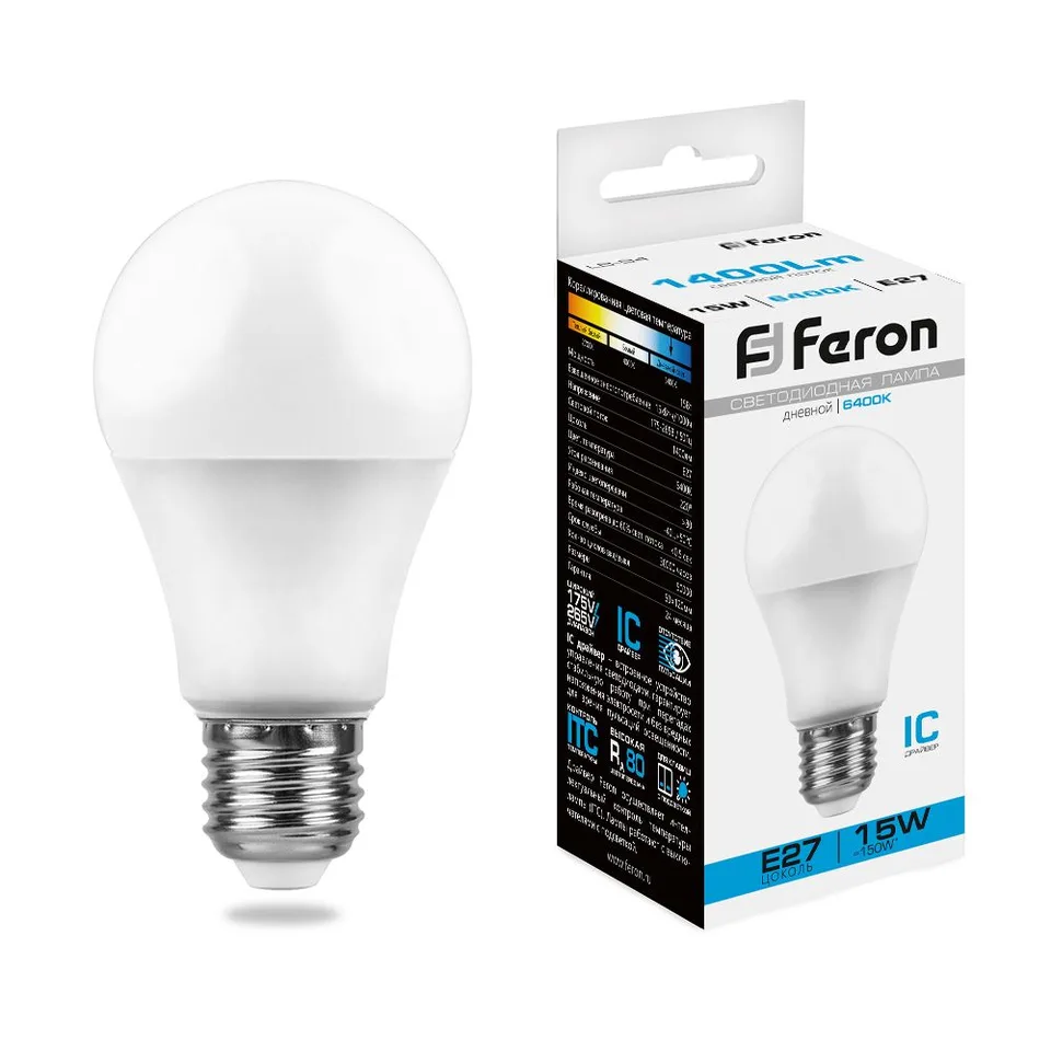 Лампа светодиодная, (15W) 230V E27 6400K A60, LB-94 Feron
