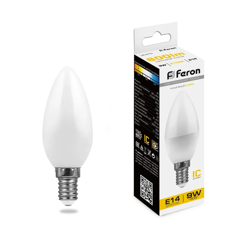 Лампа светодиодная, (9W) 230V E14 2700K C37, LB-570 Feron