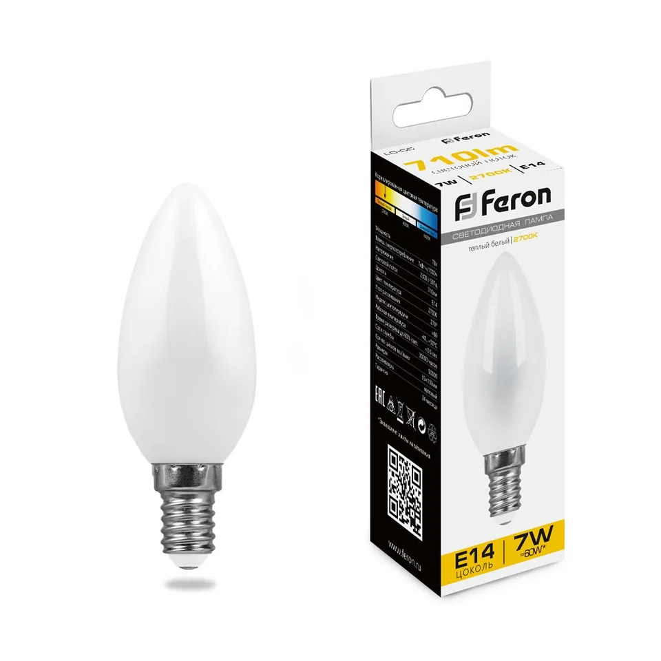 Лампа светодиодная, (9W) 230V E14 4000K C37, LB-570 Feron