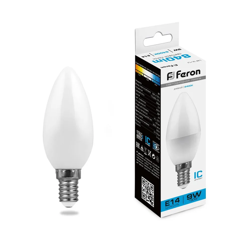 Лампа светодиодная, (9W) 230V E14 6400K C37, LB-570 Feron
