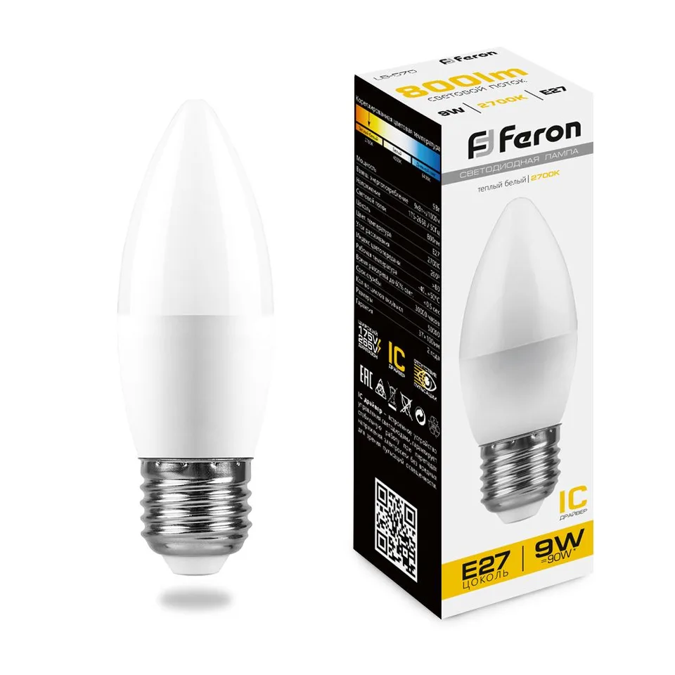 Лампа светодиодная, (9W) 230V E27 2700K C37, LB-570 Feron