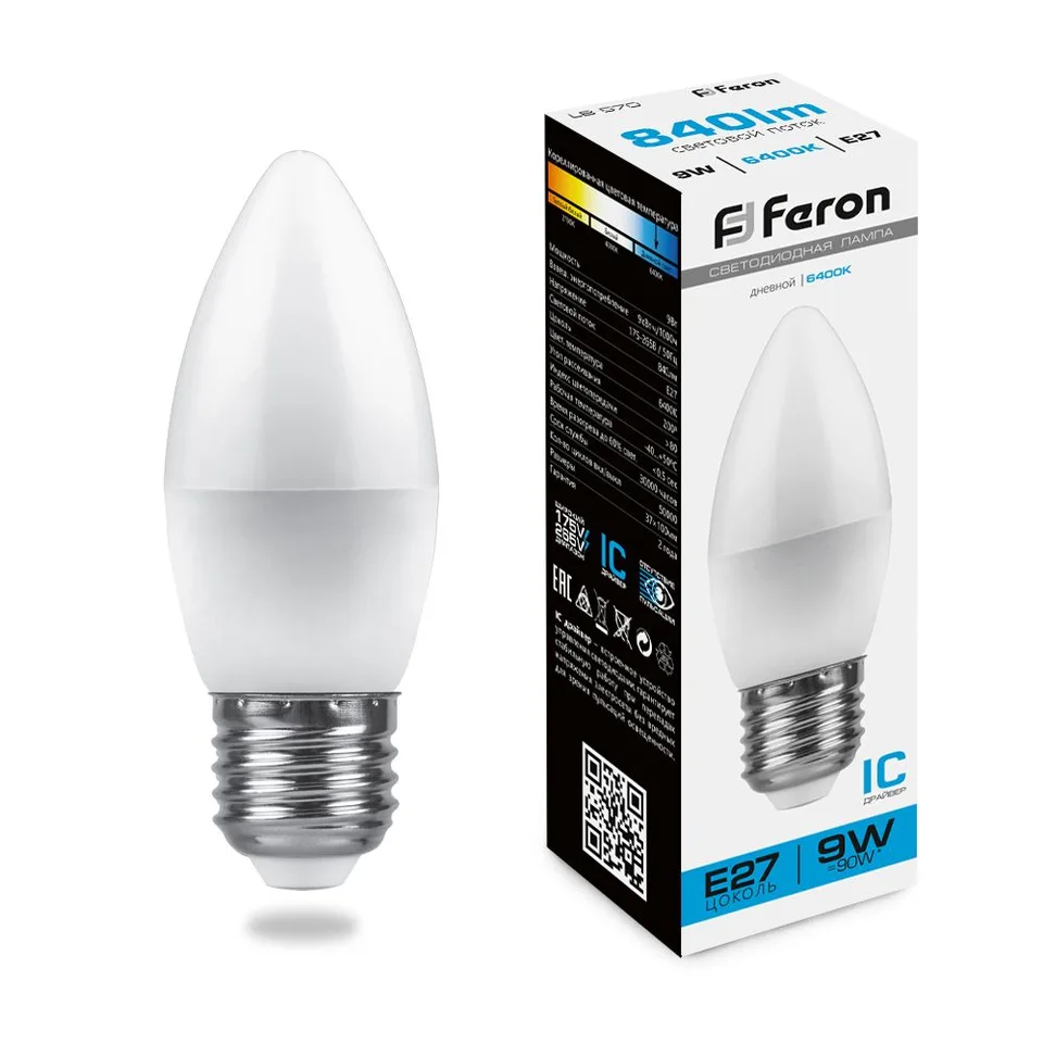 Лампа светодиодная, (9W) 230V E27 6400K С37, LB-570 Feron