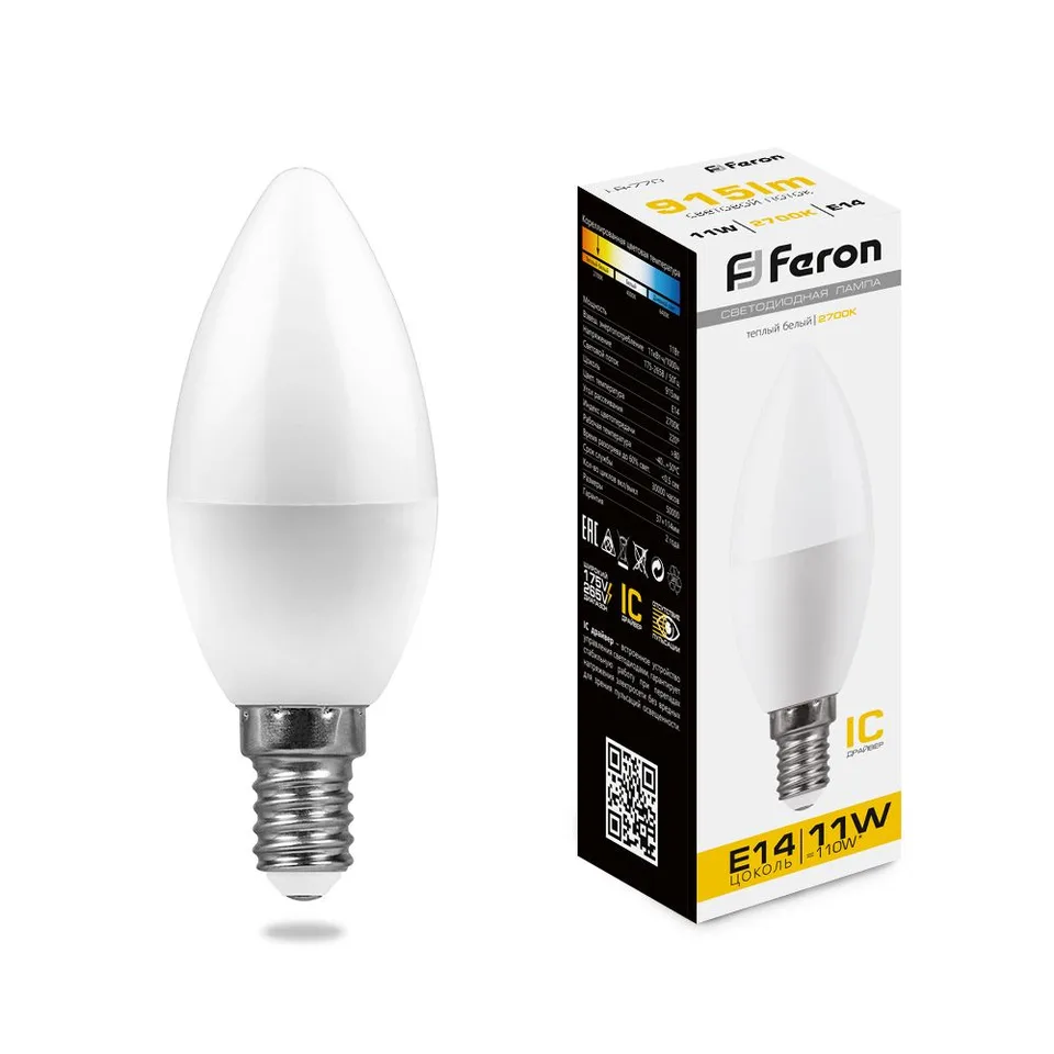 Лампа светодиодная, (11W) 230V E14 2700K С37, LB-770 Feron