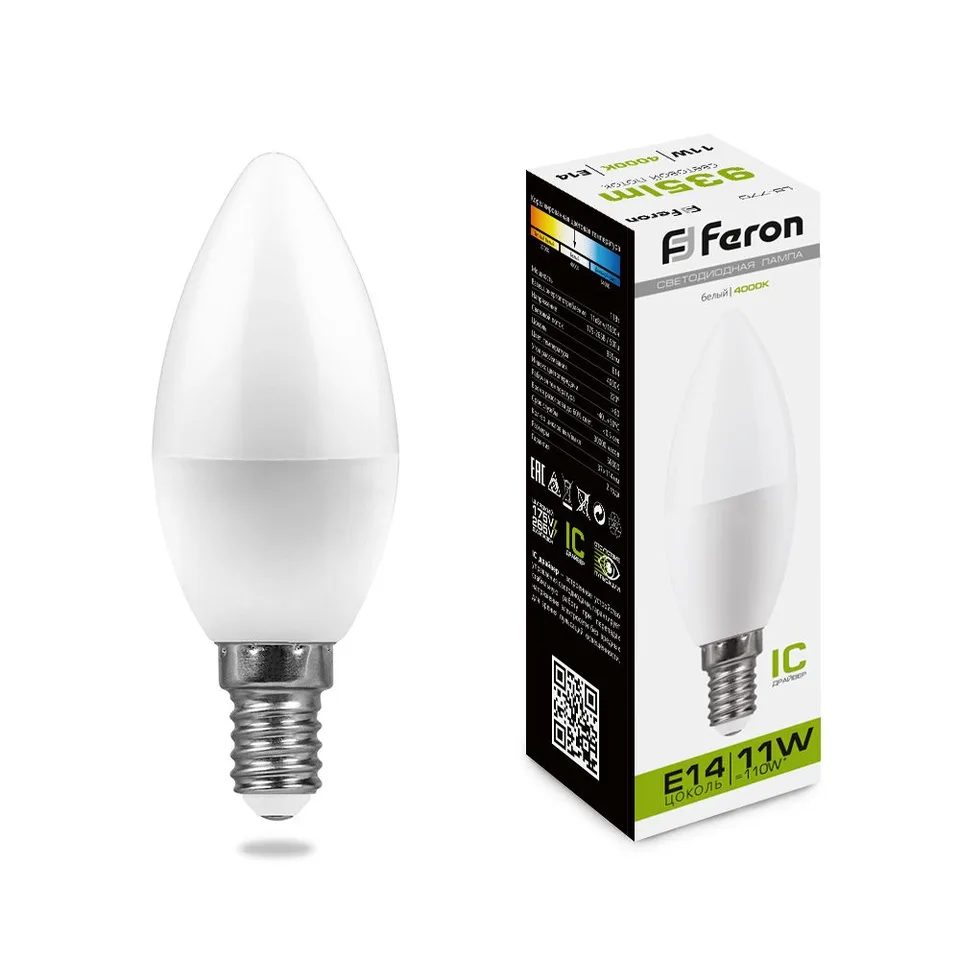 Лампа светодиодная, (11W) 230V E14 4000K С37, LB-770 Feron