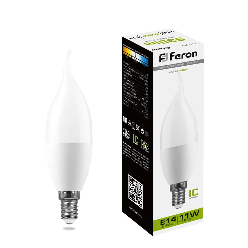 Лампа светодиодная, (11W) 230V E14 4000K на ветру С37T, LB-770 Feron