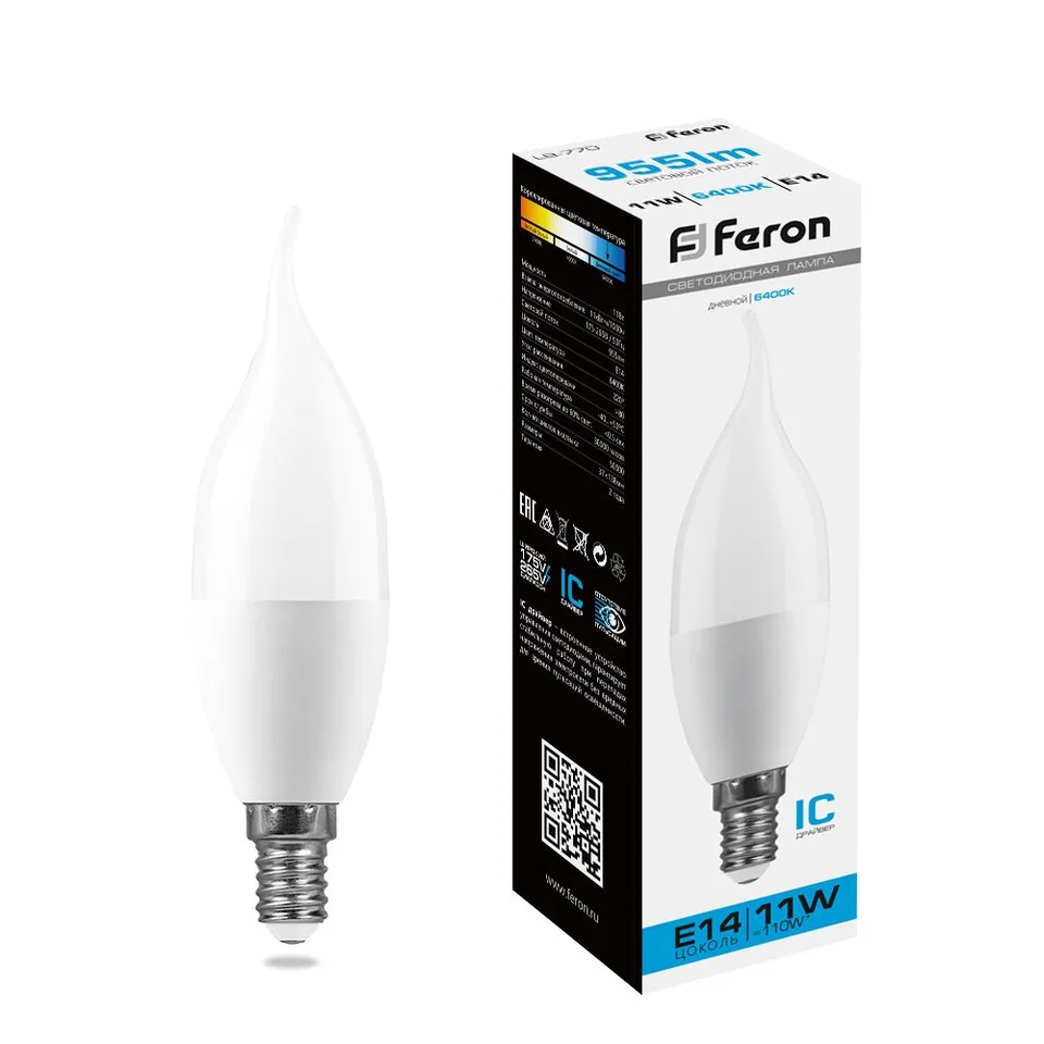 Лампа светодиодная, (11W) 230V E14 6400K на ветру C37T, LB-770 Feron