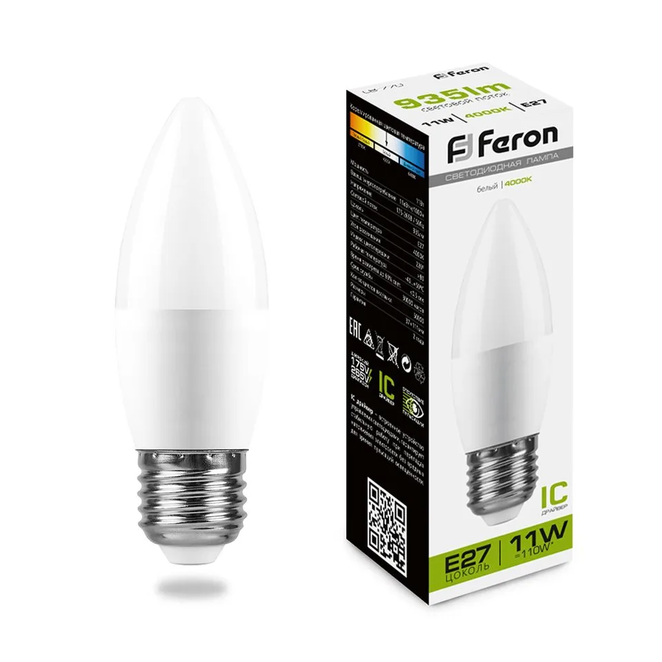 Лампа светодиодная, (11W) 230V E27 4000K С37, LB-770 Feron