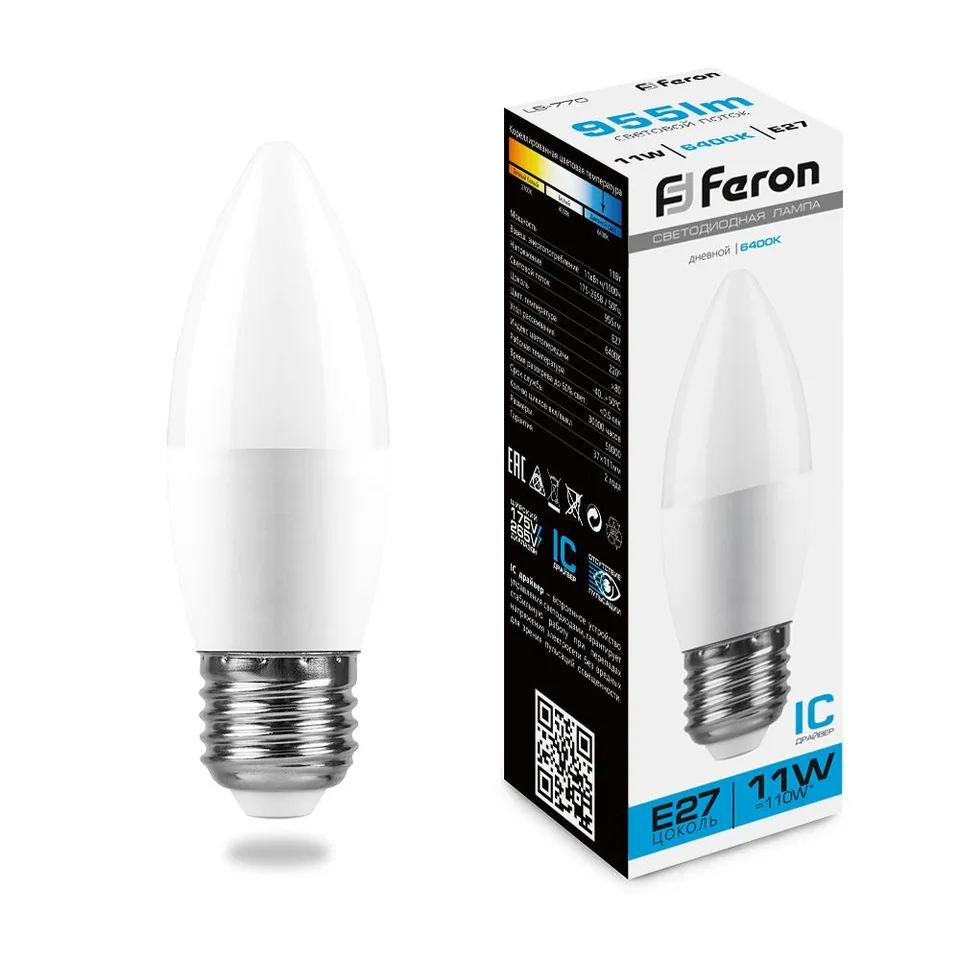 Лампа светодиодная, (11W) 230V E27 6400K С37, LB-770 Feron