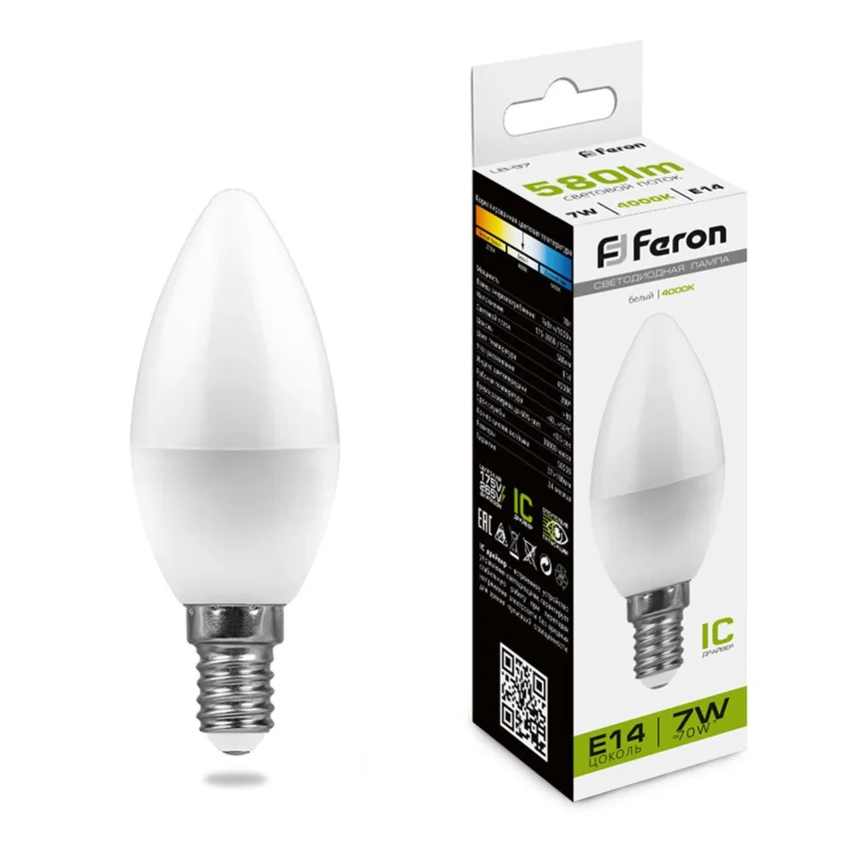 Лампа светодиодная, (7W) 230V E14 4000K C37, LB-97 Feron