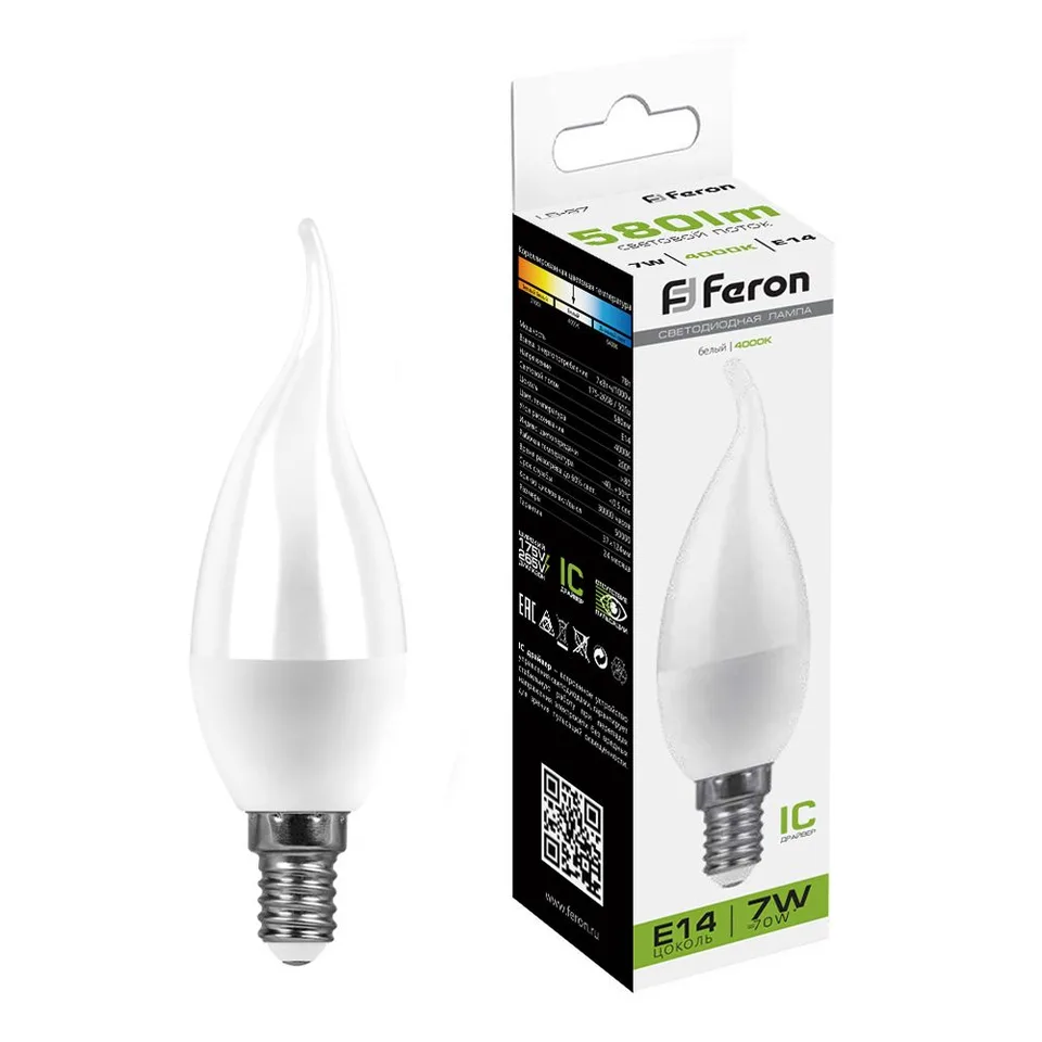 Лампа светодиодная, (7W) 230V E14 4000K на ветру C37T, LB-97 Feron