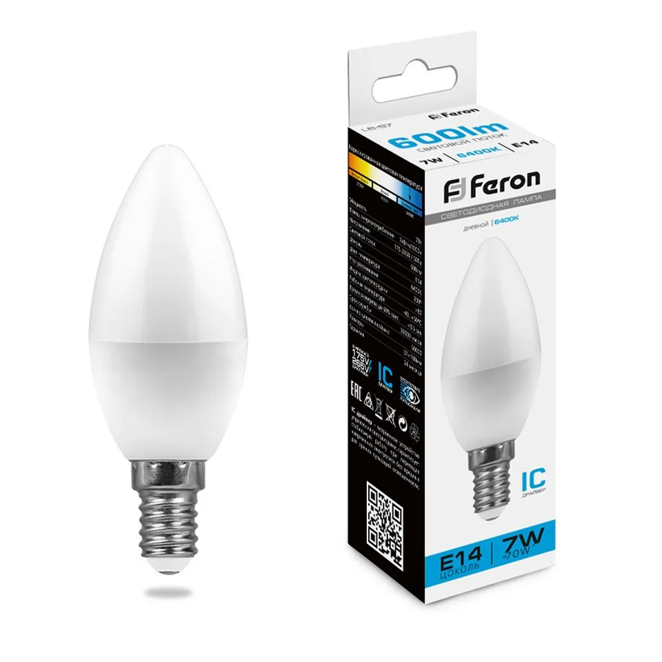 Лампа светодиодная, (7W) 230V E14 6400K C37, LB-97 Feron