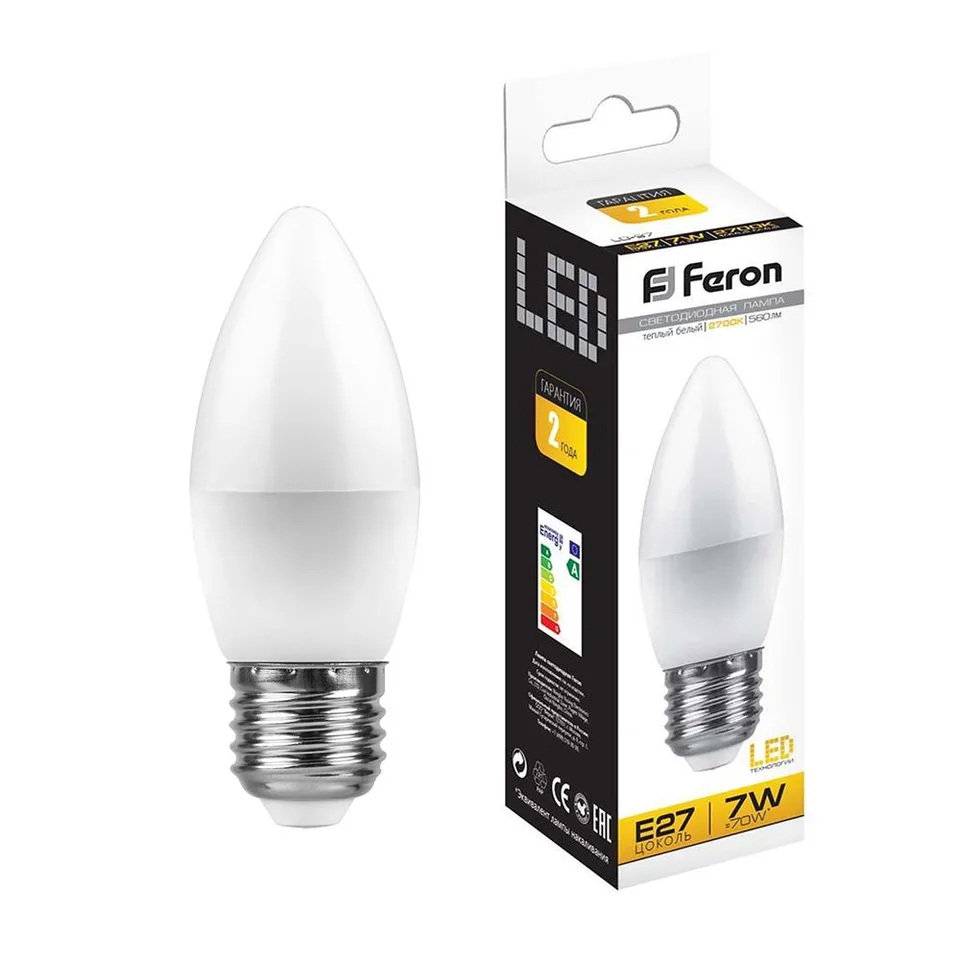 Лампа светодиодная, (7W) 230V E27 2700K C37, LB-97 Feron