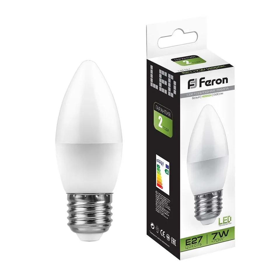Лампа светодиодная, (7W) 230V E27 4000K C37, LB-97 Feron