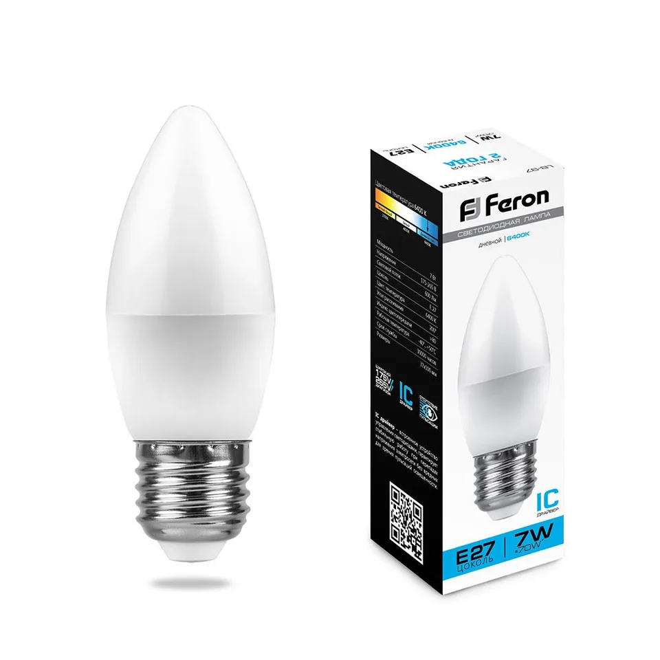 Лампа светодиодная, (7W) 230V E27 6400K C37, LB-97 Feron