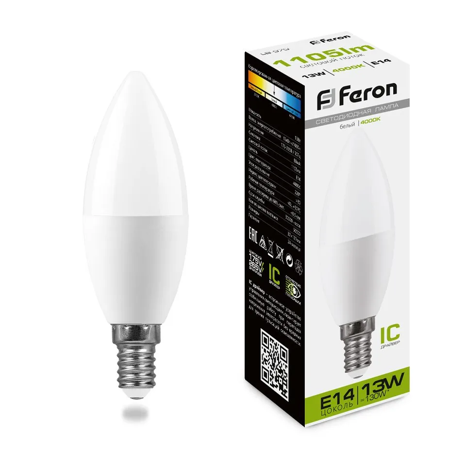 Лампа светодиодная, (13W) 230V E14 4000K С37, LB-970 Feron