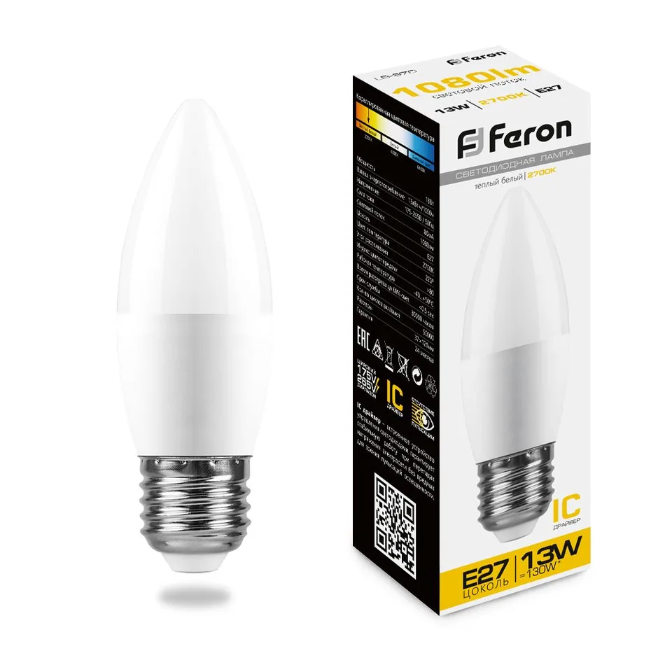 Лампа светодиодная, (13W) 230V E27 2700K С37, LB-970 Feron