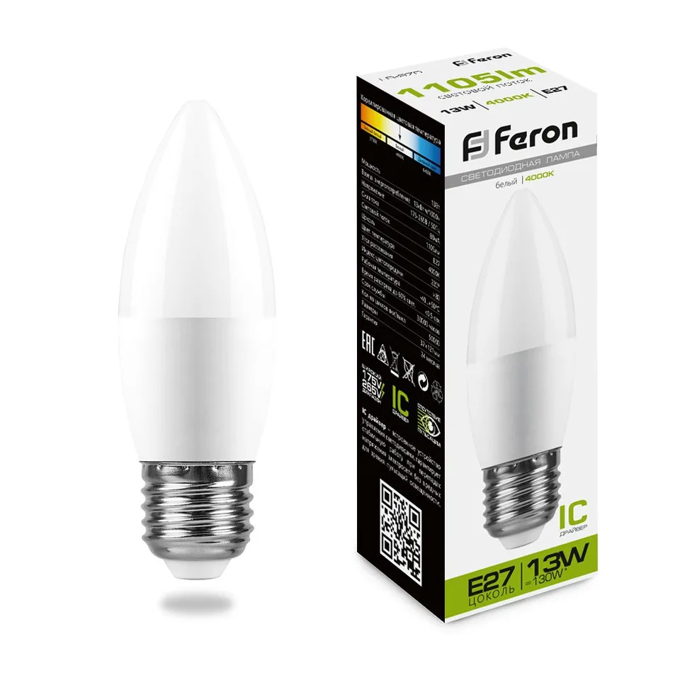 Лампа светодиодная, (13W) 230V E27 4000K С37, LB-970 РАСПРОДАЖА Feron