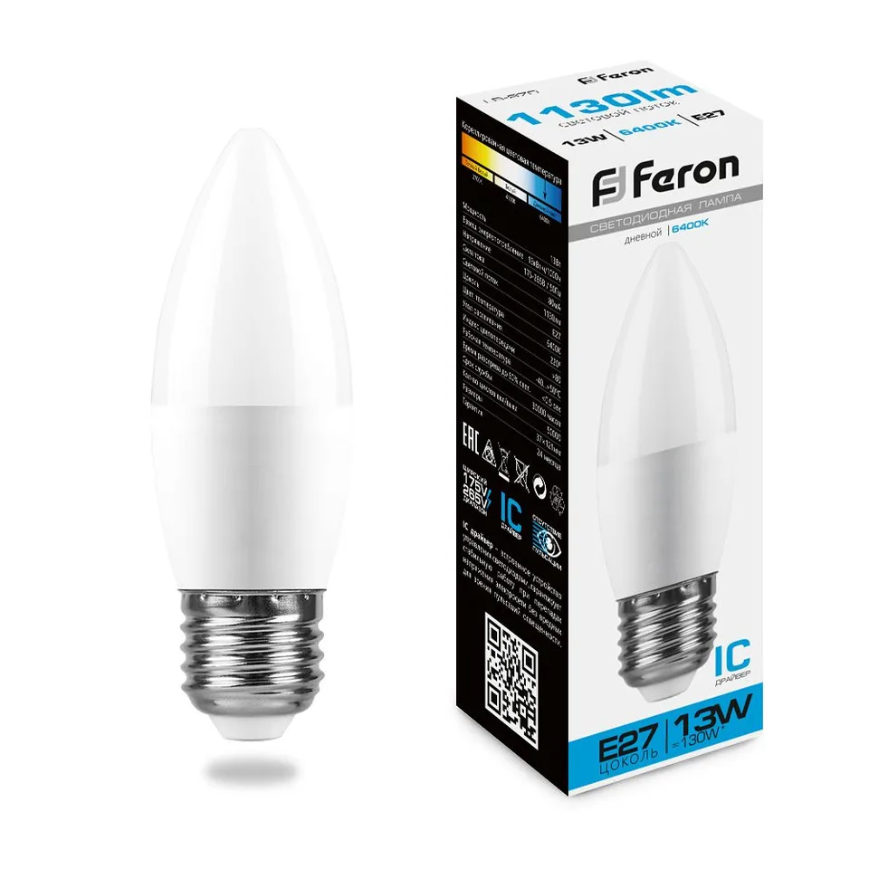 Лампа светодиодная, (13W) 230V E27 6400K С37, LB-970 Feron