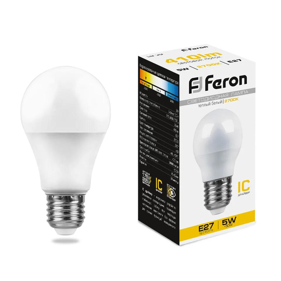 Лампа светодиодная, (5W) 230V E27 2700K G45, LB-38 Feron