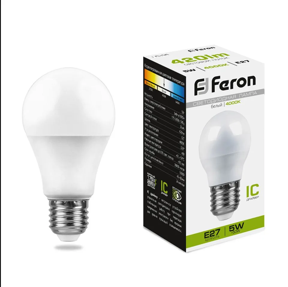 Лампа светодиодная, (5W) 230V E27 4000K G45, LB-38 Feron