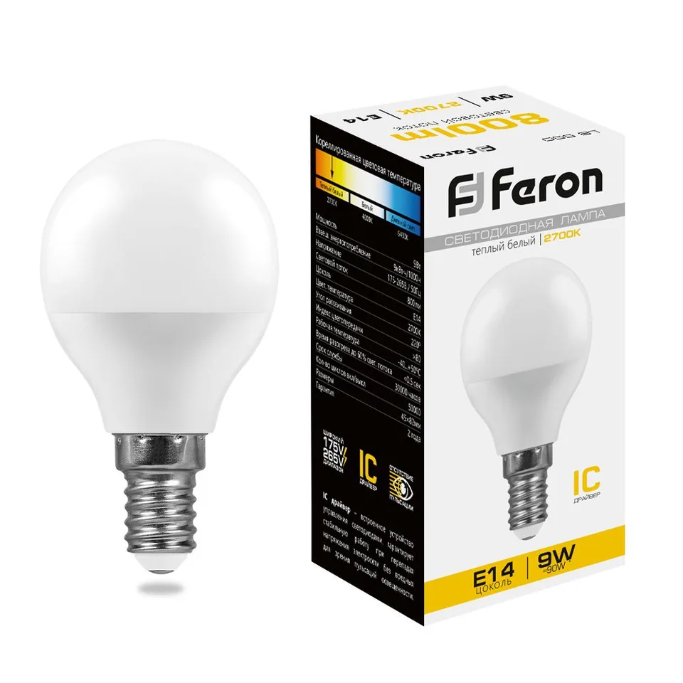 Лампа светодиодная, (9W) 230V E14 2700K G45, LB-550 Feron