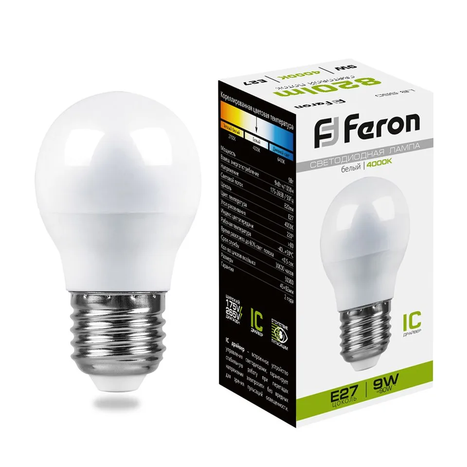Лампа светодиодная, (9W) 230V E27 4000K G45, LB-550 Feron